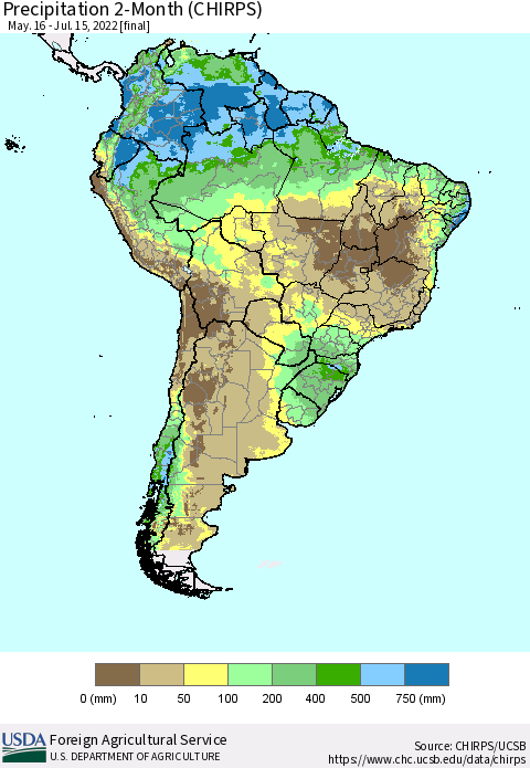 South America Precipitation 2-Month (CHIRPS) Thematic Map For 5/16/2022 - 7/15/2022