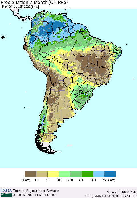 South America Precipitation 2-Month (CHIRPS) Thematic Map For 5/26/2022 - 7/25/2022