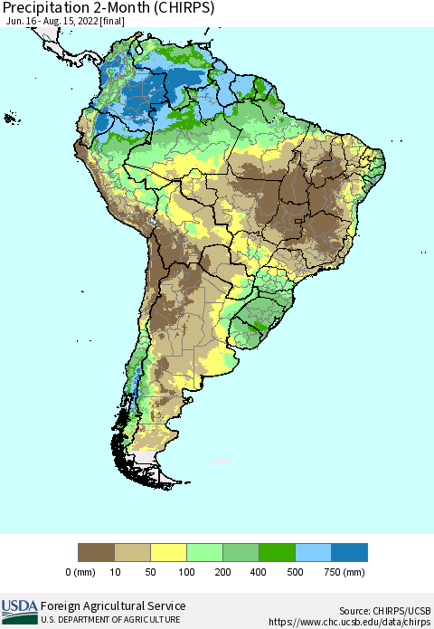South America Precipitation 2-Month (CHIRPS) Thematic Map For 6/16/2022 - 8/15/2022