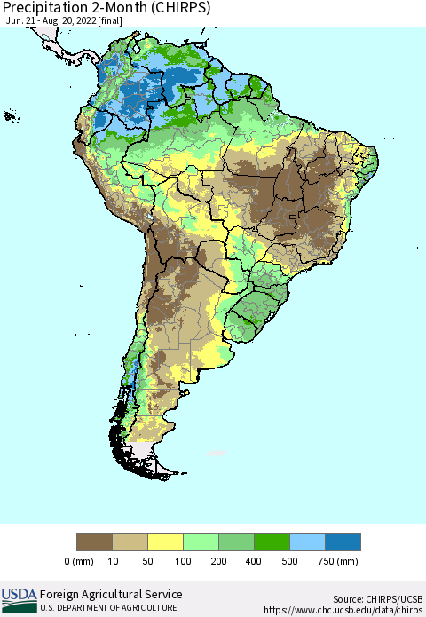 South America Precipitation 2-Month (CHIRPS) Thematic Map For 6/21/2022 - 8/20/2022