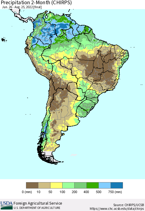 South America Precipitation 2-Month (CHIRPS) Thematic Map For 6/26/2022 - 8/25/2022