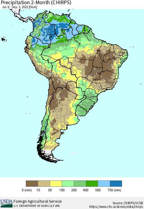 South America Precipitation 2-Month (CHIRPS) Thematic Map For 7/6/2022 - 9/5/2022