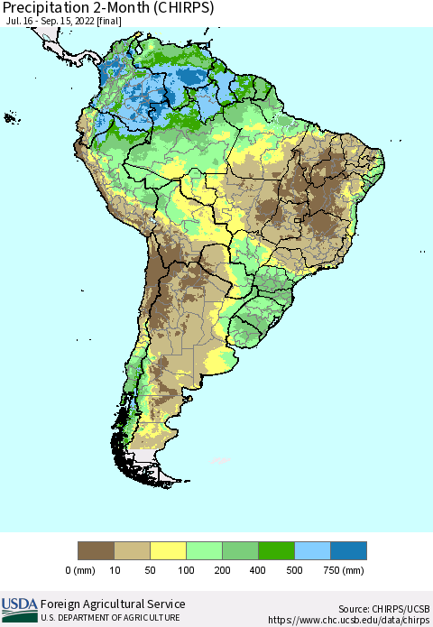 South America Precipitation 2-Month (CHIRPS) Thematic Map For 7/16/2022 - 9/15/2022