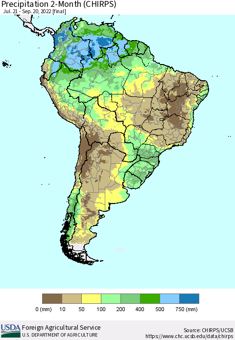 South America Precipitation 2-Month (CHIRPS) Thematic Map For 7/21/2022 - 9/20/2022
