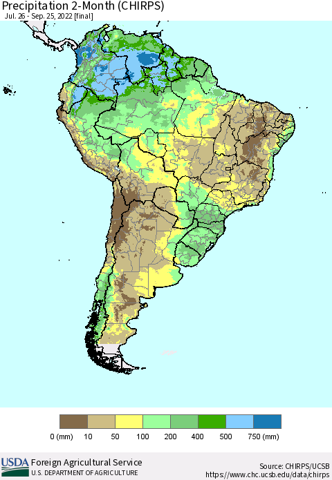 South America Precipitation 2-Month (CHIRPS) Thematic Map For 7/26/2022 - 9/25/2022