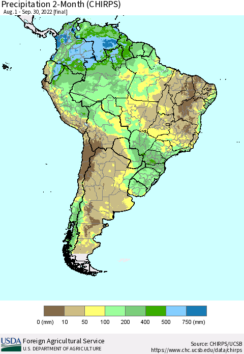 South America Precipitation 2-Month (CHIRPS) Thematic Map For 8/1/2022 - 9/30/2022