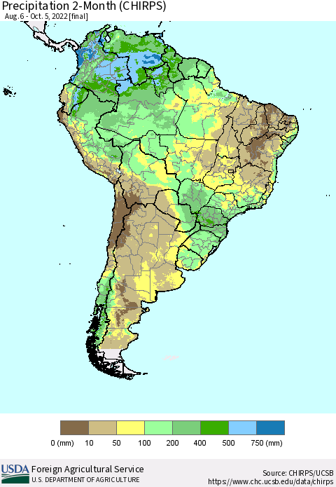 South America Precipitation 2-Month (CHIRPS) Thematic Map For 8/6/2022 - 10/5/2022