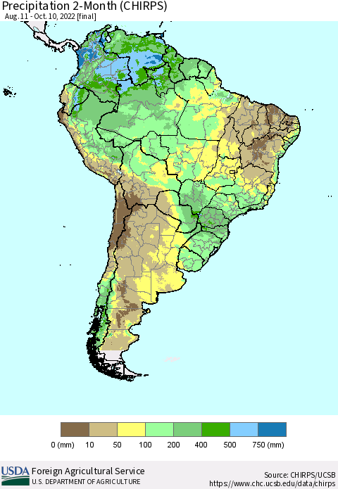 South America Precipitation 2-Month (CHIRPS) Thematic Map For 8/11/2022 - 10/10/2022