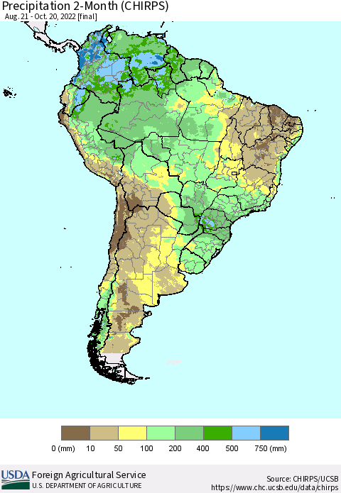 South America Precipitation 2-Month (CHIRPS) Thematic Map For 8/21/2022 - 10/20/2022