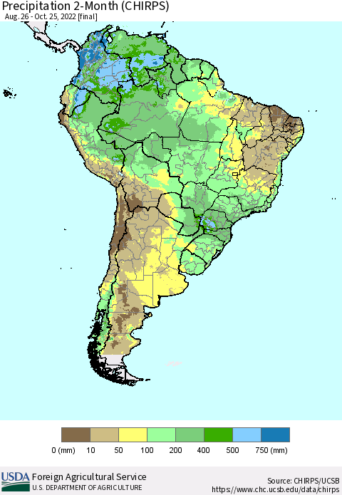 South America Precipitation 2-Month (CHIRPS) Thematic Map For 8/26/2022 - 10/25/2022