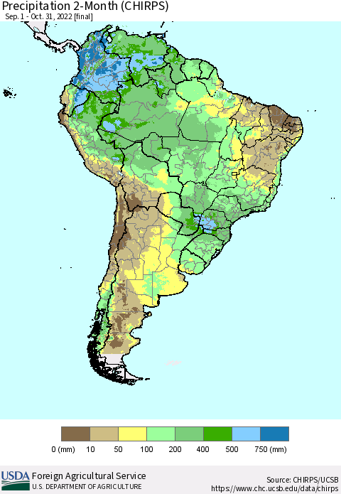 South America Precipitation 2-Month (CHIRPS) Thematic Map For 9/1/2022 - 10/31/2022