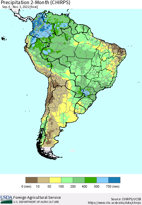 South America Precipitation 2-Month (CHIRPS) Thematic Map For 9/6/2022 - 11/5/2022