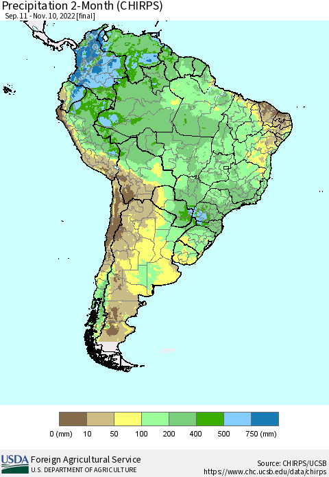 South America Precipitation 2-Month (CHIRPS) Thematic Map For 9/11/2022 - 11/10/2022