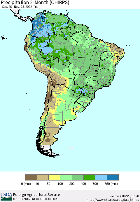 South America Precipitation 2-Month (CHIRPS) Thematic Map For 9/26/2022 - 11/25/2022