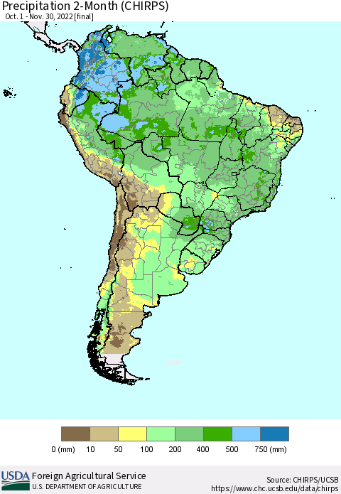 South America Precipitation 2-Month (CHIRPS) Thematic Map For 10/1/2022 - 11/30/2022