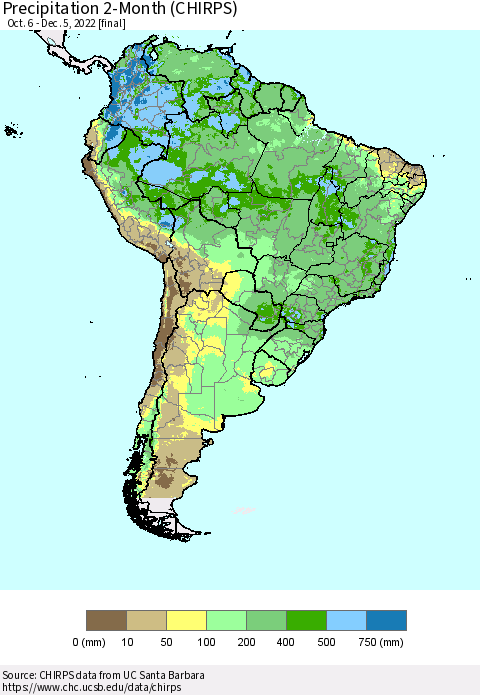 South America Precipitation 2-Month (CHIRPS) Thematic Map For 10/6/2022 - 12/5/2022