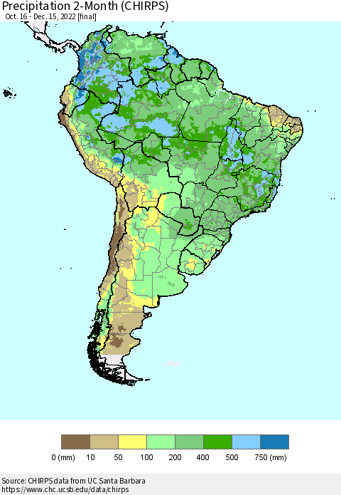 South America Precipitation 2-Month (CHIRPS) Thematic Map For 10/16/2022 - 12/15/2022
