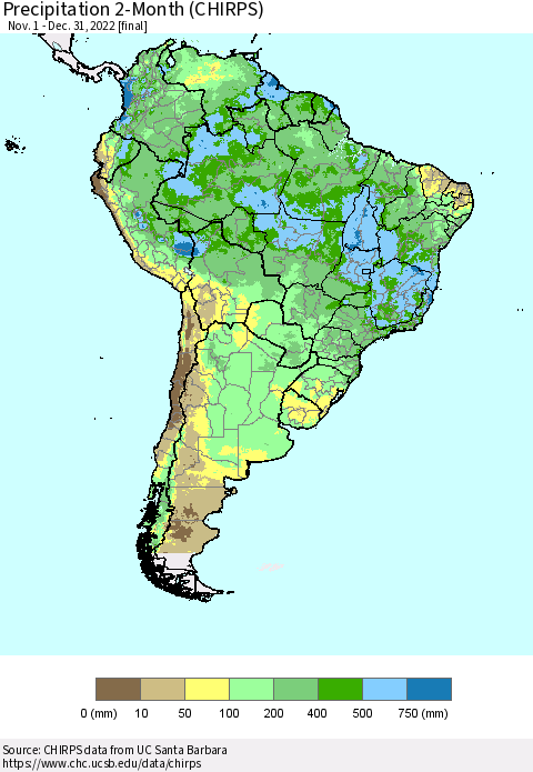 South America Precipitation 2-Month (CHIRPS) Thematic Map For 11/1/2022 - 12/31/2022