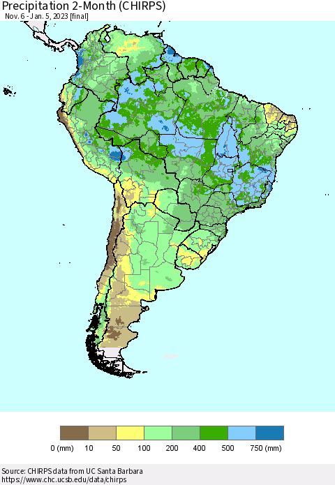 South America Precipitation 2-Month (CHIRPS) Thematic Map For 11/6/2022 - 1/5/2023