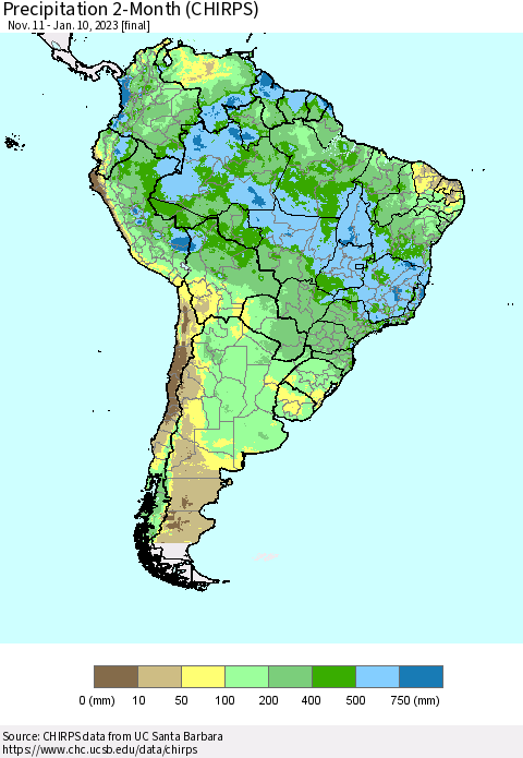 South America Precipitation 2-Month (CHIRPS) Thematic Map For 11/11/2022 - 1/10/2023