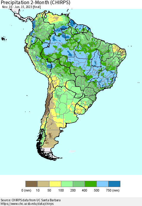 South America Precipitation 2-Month (CHIRPS) Thematic Map For 11/16/2022 - 1/15/2023