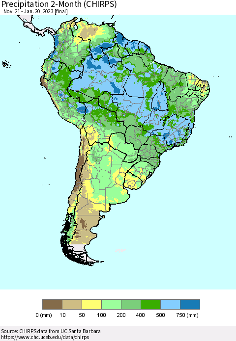 South America Precipitation 2-Month (CHIRPS) Thematic Map For 11/21/2022 - 1/20/2023