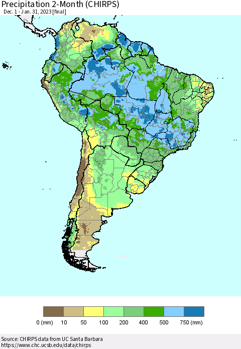 South America Precipitation 2-Month (CHIRPS) Thematic Map For 12/1/2022 - 1/31/2023