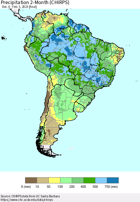 South America Precipitation 2-Month (CHIRPS) Thematic Map For 12/6/2022 - 2/5/2023