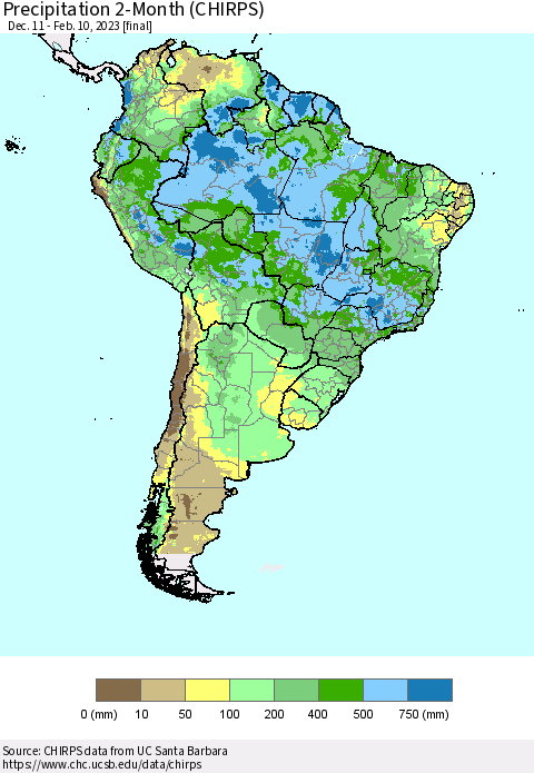 South America Precipitation 2-Month (CHIRPS) Thematic Map For 12/11/2022 - 2/10/2023
