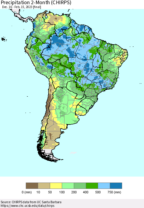 South America Precipitation 2-Month (CHIRPS) Thematic Map For 12/16/2022 - 2/15/2023