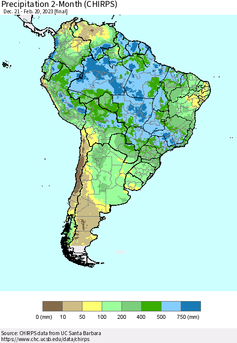 South America Precipitation 2-Month (CHIRPS) Thematic Map For 12/21/2022 - 2/20/2023