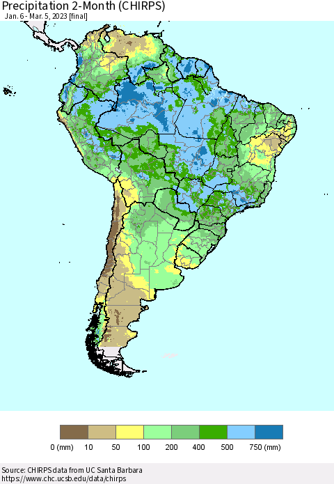 South America Precipitation 2-Month (CHIRPS) Thematic Map For 1/6/2023 - 3/5/2023