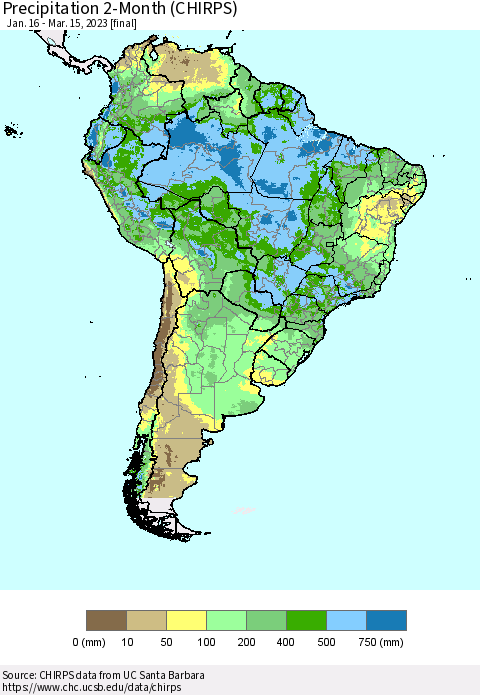 South America Precipitation 2-Month (CHIRPS) Thematic Map For 1/16/2023 - 3/15/2023
