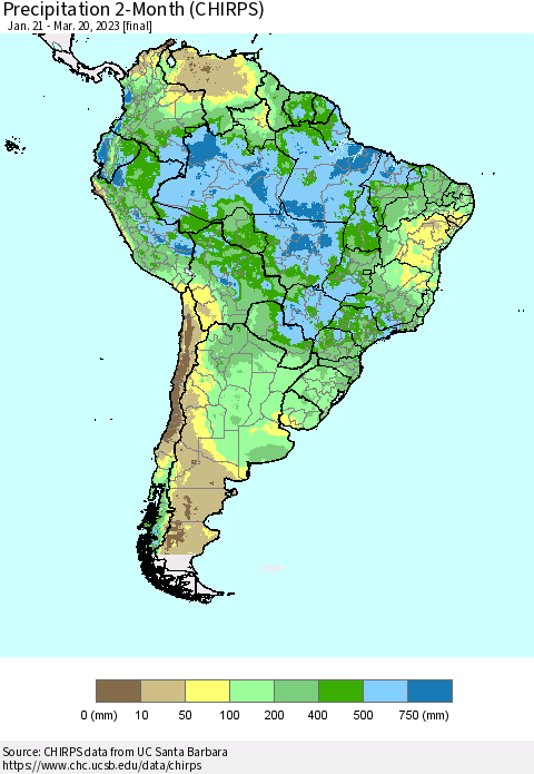 South America Precipitation 2-Month (CHIRPS) Thematic Map For 1/21/2023 - 3/20/2023