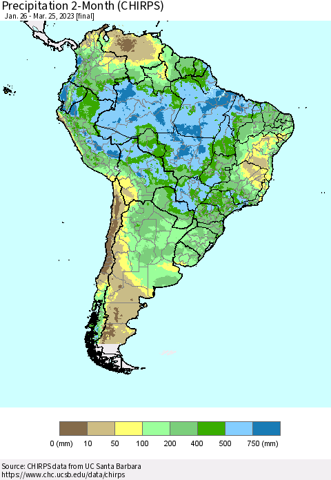 South America Precipitation 2-Month (CHIRPS) Thematic Map For 1/26/2023 - 3/25/2023