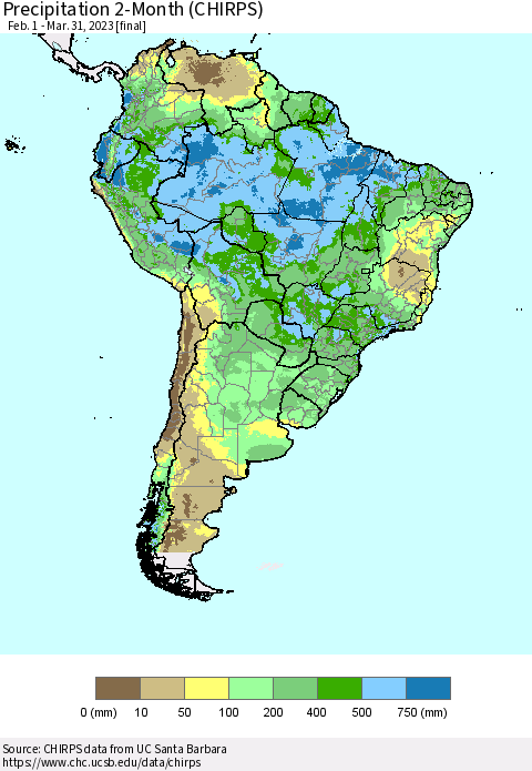 South America Precipitation 2-Month (CHIRPS) Thematic Map For 2/1/2023 - 3/31/2023