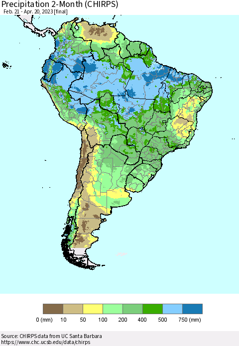South America Precipitation 2-Month (CHIRPS) Thematic Map For 2/21/2023 - 4/20/2023