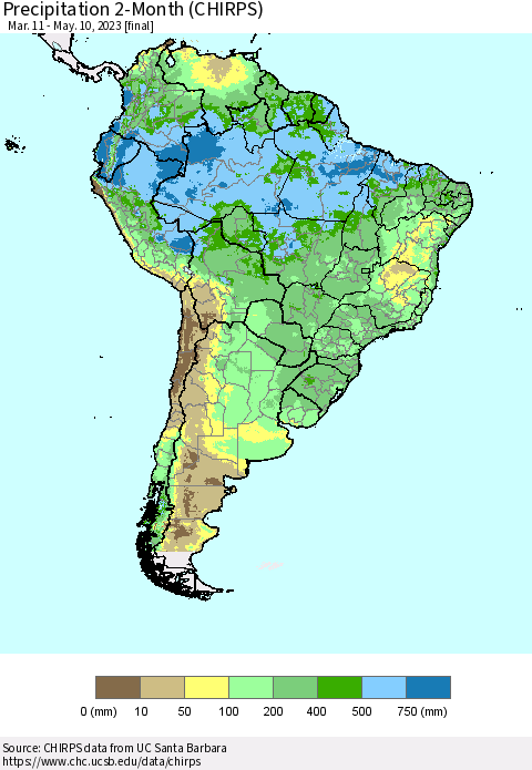 South America Precipitation 2-Month (CHIRPS) Thematic Map For 3/11/2023 - 5/10/2023