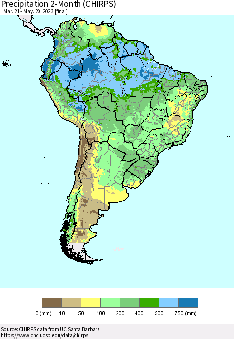 South America Precipitation 2-Month (CHIRPS) Thematic Map For 3/21/2023 - 5/20/2023