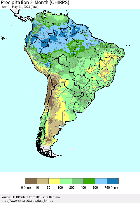 South America Precipitation 2-Month (CHIRPS) Thematic Map For 4/1/2023 - 5/31/2023