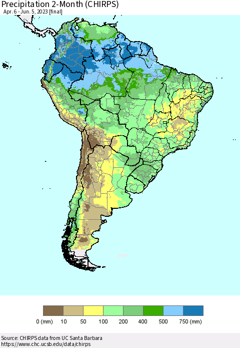 South America Precipitation 2-Month (CHIRPS) Thematic Map For 4/6/2023 - 6/5/2023