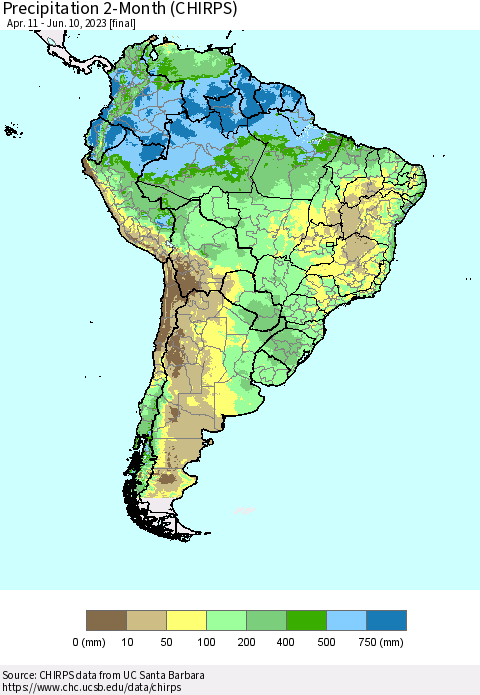 South America Precipitation 2-Month (CHIRPS) Thematic Map For 4/11/2023 - 6/10/2023