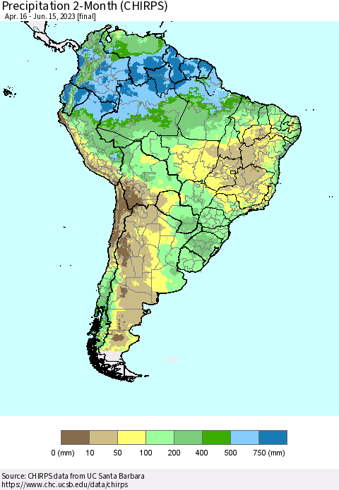 South America Precipitation 2-Month (CHIRPS) Thematic Map For 4/16/2023 - 6/15/2023