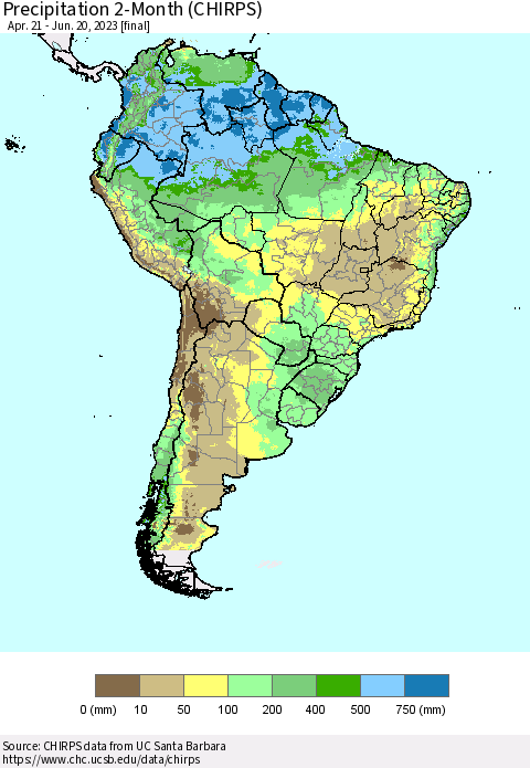South America Precipitation 2-Month (CHIRPS) Thematic Map For 4/21/2023 - 6/20/2023