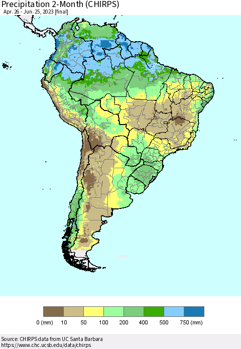 South America Precipitation 2-Month (CHIRPS) Thematic Map For 4/26/2023 - 6/25/2023