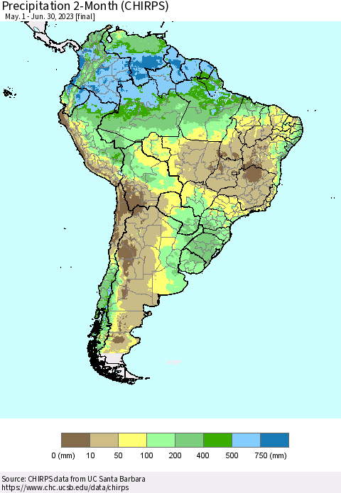 South America Precipitation 2-Month (CHIRPS) Thematic Map For 5/1/2023 - 6/30/2023