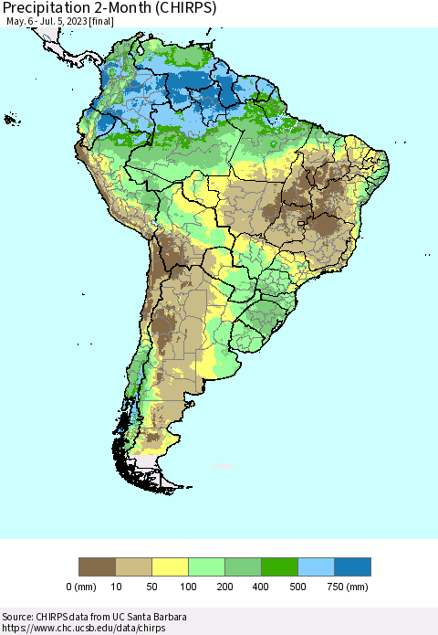 South America Precipitation 2-Month (CHIRPS) Thematic Map For 5/6/2023 - 7/5/2023