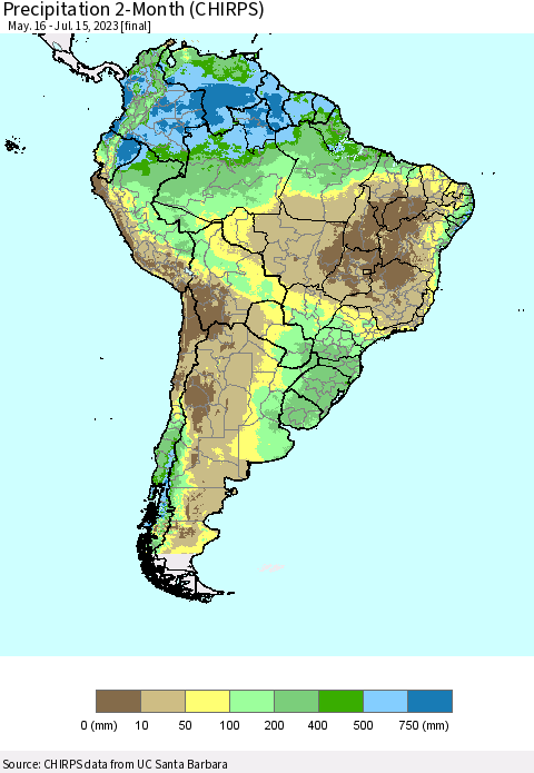 South America Precipitation 2-Month (CHIRPS) Thematic Map For 5/16/2023 - 7/15/2023