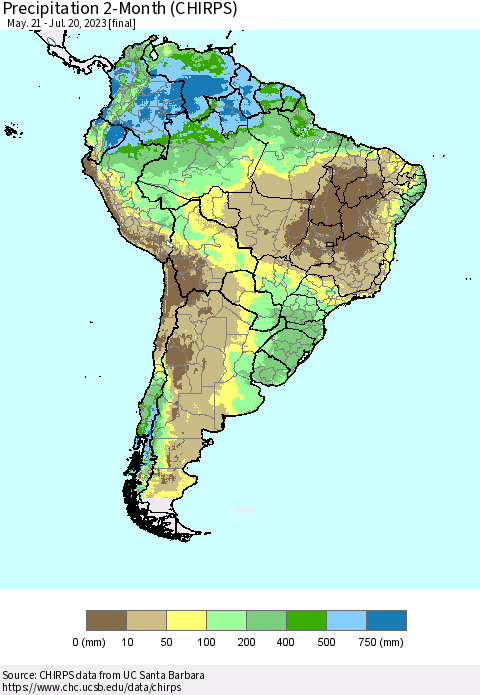 South America Precipitation 2-Month (CHIRPS) Thematic Map For 5/21/2023 - 7/20/2023