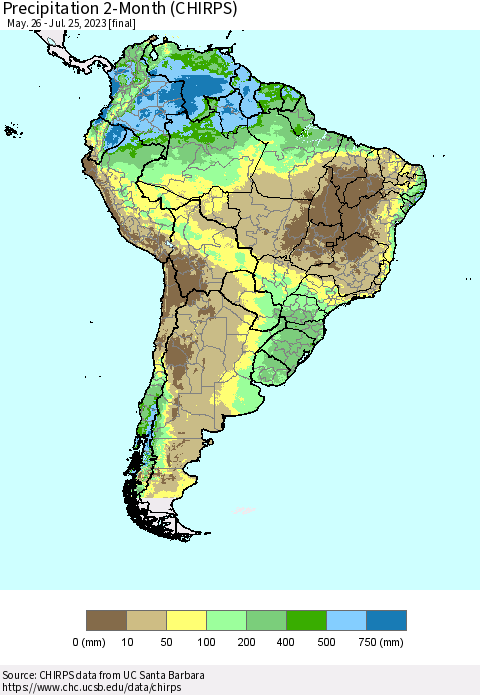 South America Precipitation 2-Month (CHIRPS) Thematic Map For 5/26/2023 - 7/25/2023